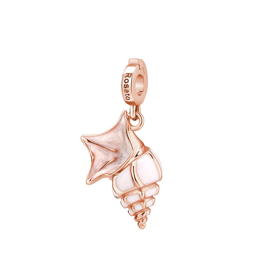 Charm STORIE argento 925/1000 conchiglia pie' di pellicano smalti bianchi galvanica rosa