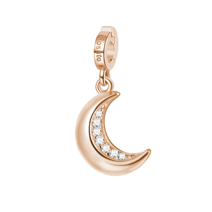 Charm STORIE - SHINE in argento 925/1000, galvanica oro rosa, a forma di luna, 14 zirconi bianchi