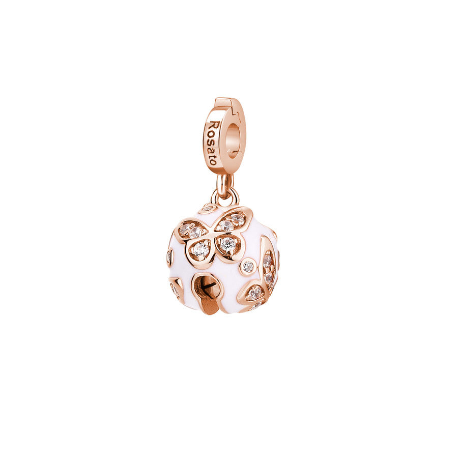 Charm STORIE argento 925/1000 galvanica oro rosa, campanellino, 30 zirconi bianchi, smalto bianco