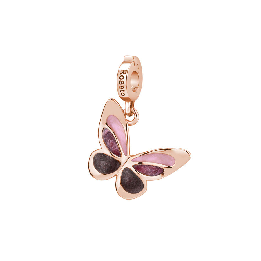 Charm STORIE argento 925/1000 galvanica oro rosa, farfalla, smalti colorati