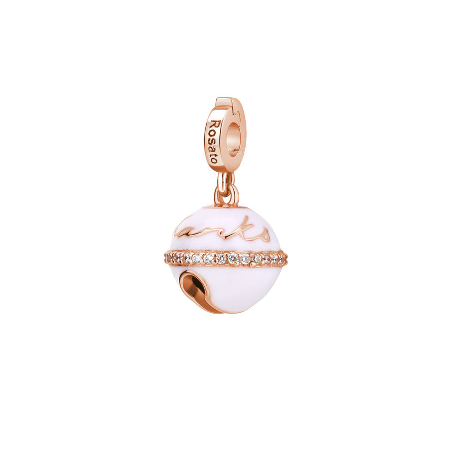 Charm STORIE argento 925/1000 galvanica oro rosa, campanellino "thanks mom", 30 zirconi bianchi, smalto bianco
