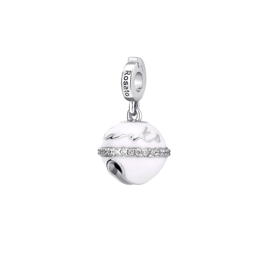 Charm STORIE argento 925/1000 rodiato, campanellino "thanks mom", 30 zirconi bianchi, smalto bianco