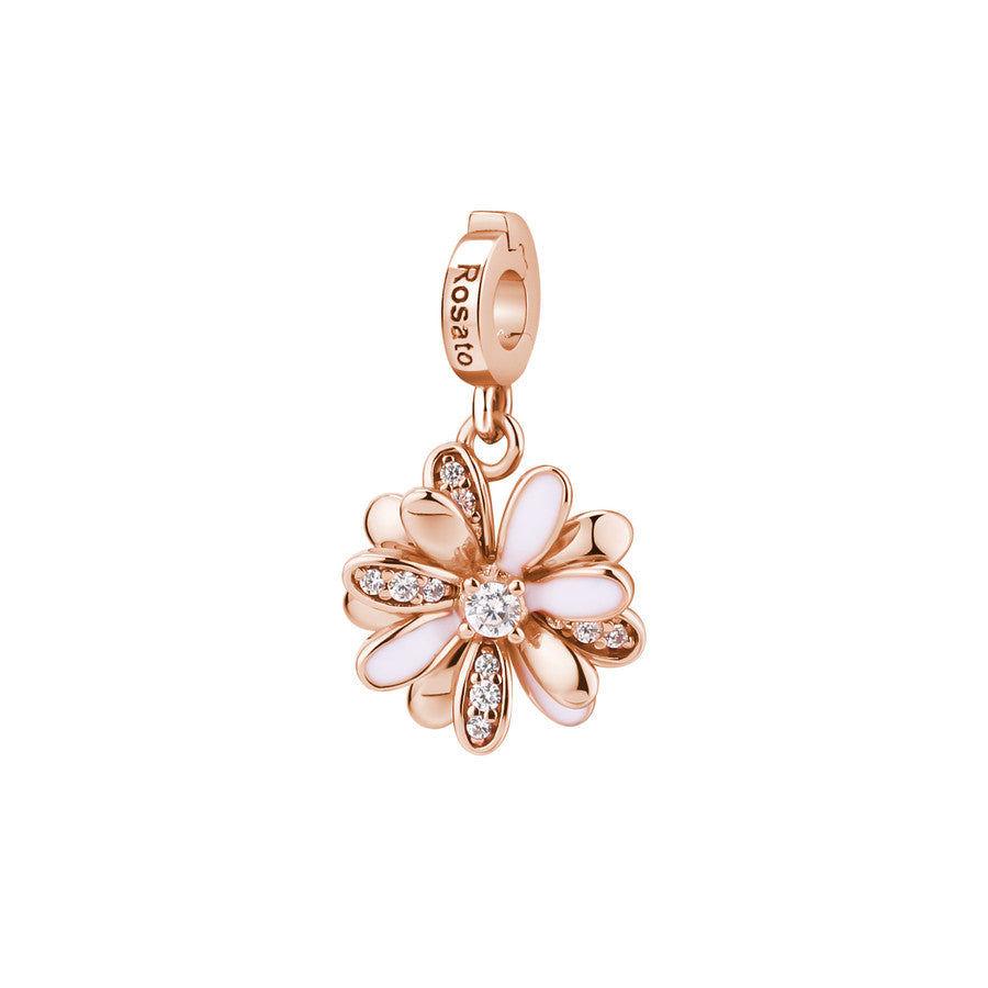 Charm STORIE argento 925/1000 galvanica oro rosa, margherita, 10 zirconi bianchi, smalto bianco