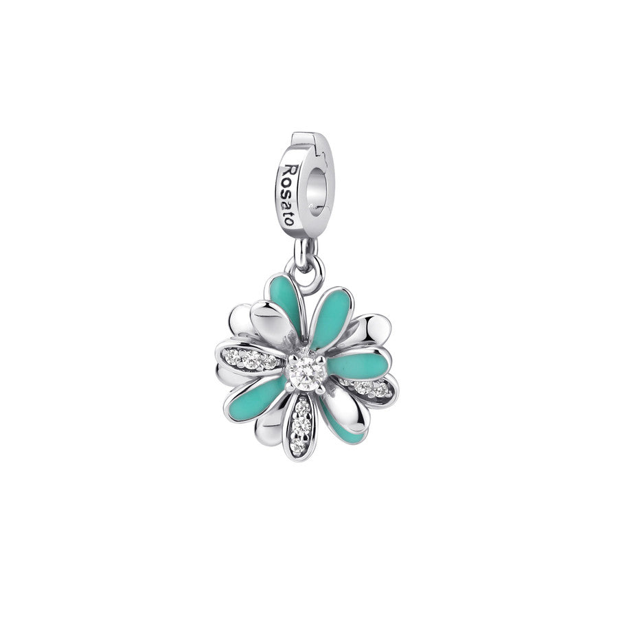 Charm STORIE argento 925/1000 rodio, margherita, 10 zirconi bianchi, smalto turchese