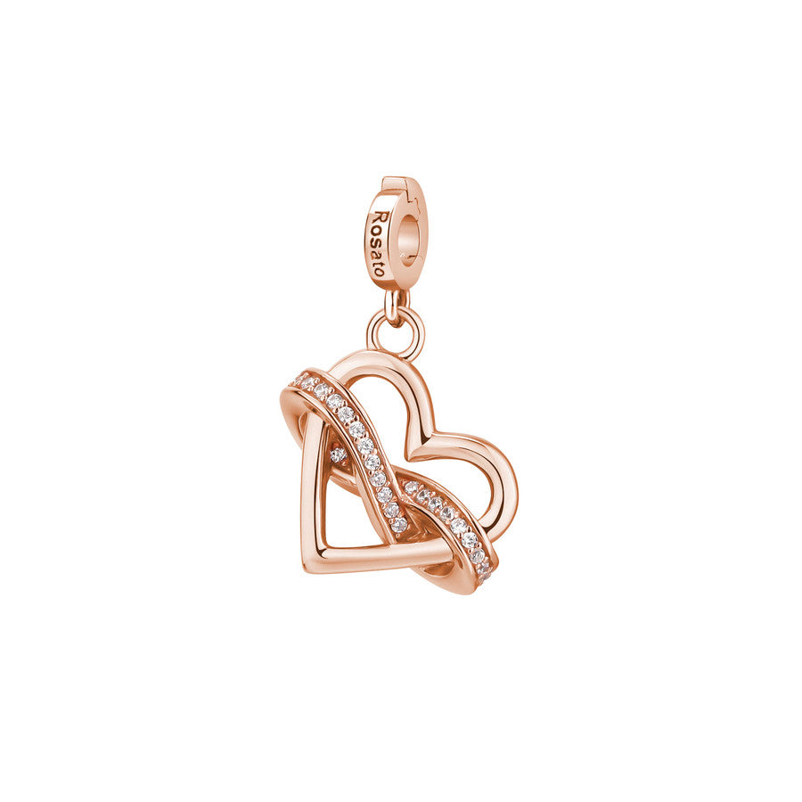 Charm STORIE argento 925/1000 galvanica oro rosa, cuore infinito, 32 zirconi bianchi