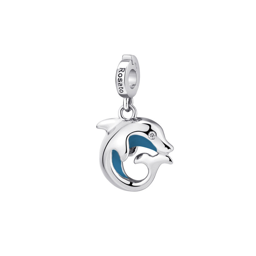 Charm STORIE argento 925/1000, delfino con smalto turchese e cz bianchi