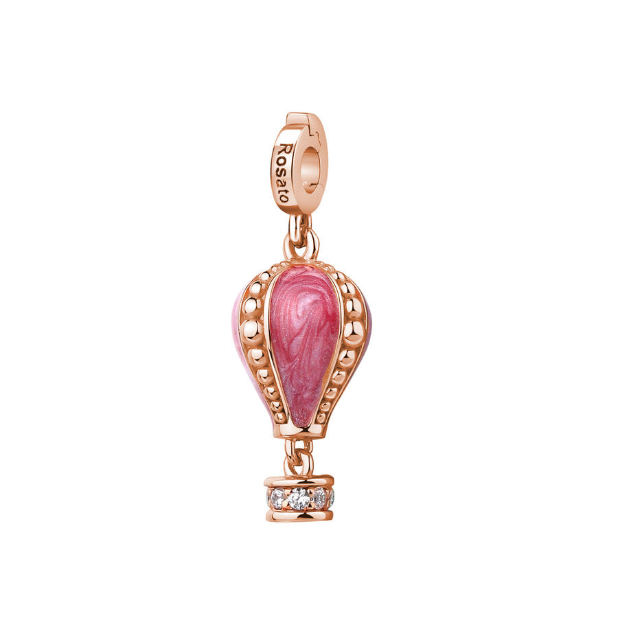 Charm STORIE argento 925/1000 galvanica rosa a forma di mongolfiera, smalto rosa e cz bianchi