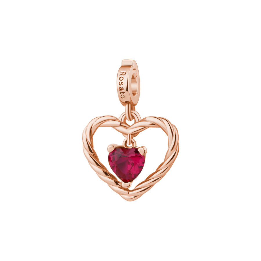 Charm STORIE argento 925/1000, galvanica oro rosa a forma di cuore e cz rubino