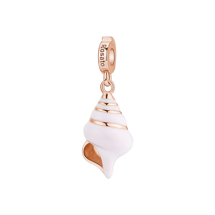 Charm STORIE argento 925/1000, galvanica oro rosa a forma di conchiglia e smalto bianco