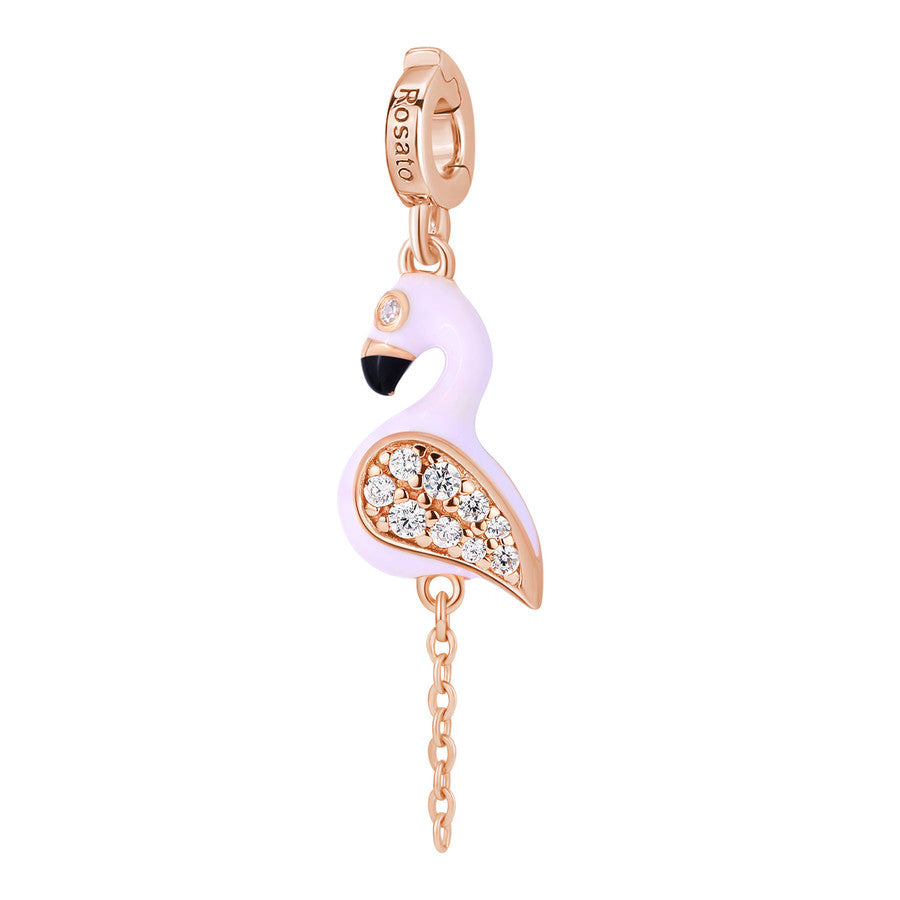 Charm STORIE argento 925/1000, galvanica oro rosa a forma di fenicottero, smalti colorati e cubic zirconia bianchi
