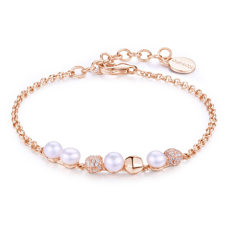 Bracciale AZZURRA argento 925/1000,galvanica oro rosa, perle naturali e cubic zirconia bianchi