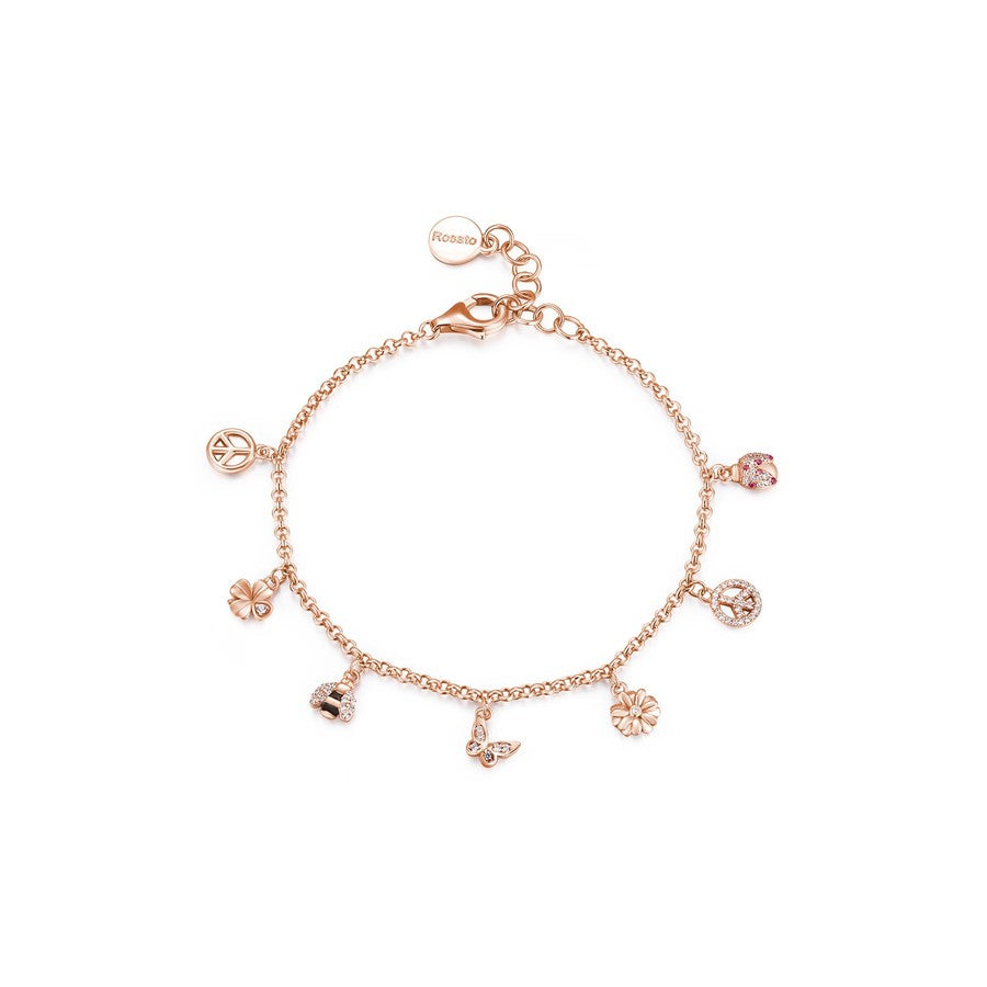 Bracciale GAIA argento 925/1000 galvanica oro rosa con pendenti, 65 zirconi bianchi, 7 zirconi rossi