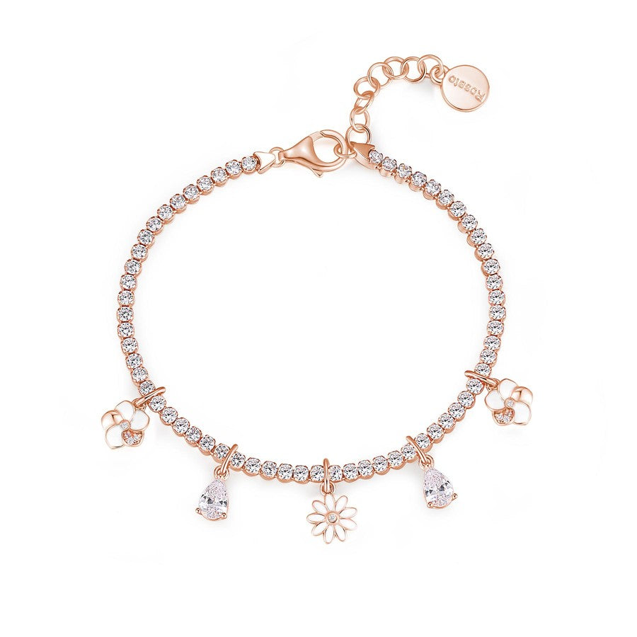 Bracciale GAIA argento 925/1000 galvanica oro rosa con pendenti, 11 zirconi bianchi, smalto bianco