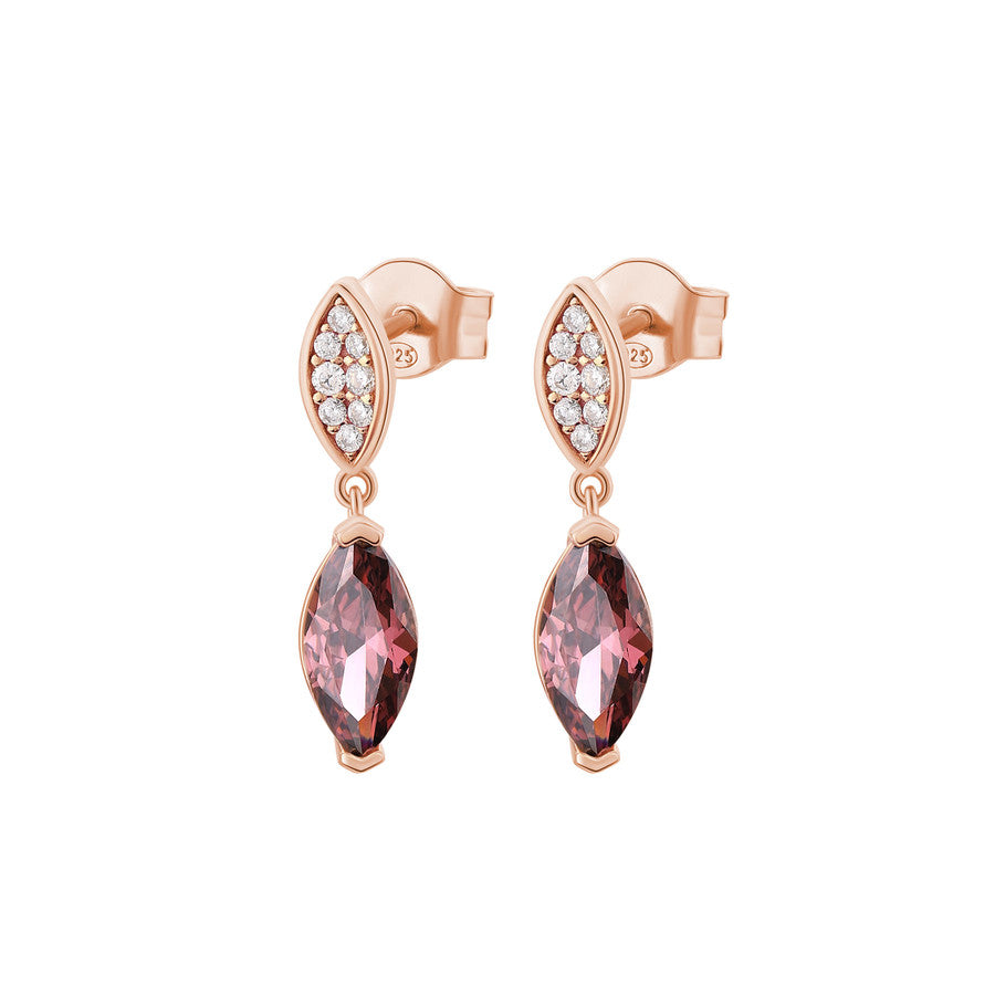 Orecchini corti GAIA argento 925/1000, galvanica oro rosa, cz bianchi e rodolite