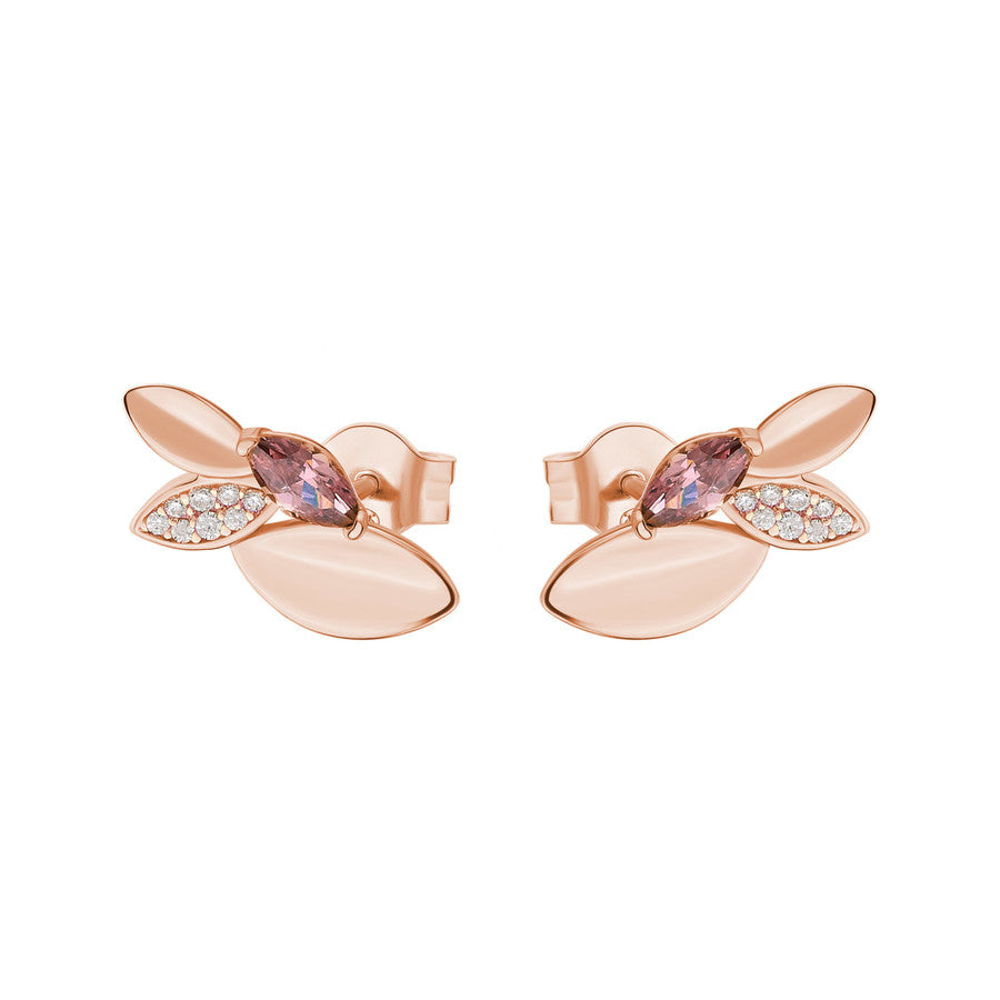 Orecchini lobo GAIA argento 925/1000, galvanica oro rosa, cz bianchi e rodolite