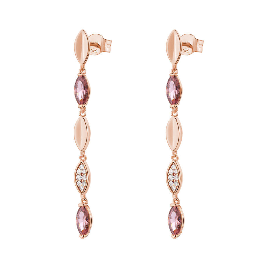 Orecchini pendenti GAIA argento 925/1000, galvanica oro rosa, cz bianchi e rodolite