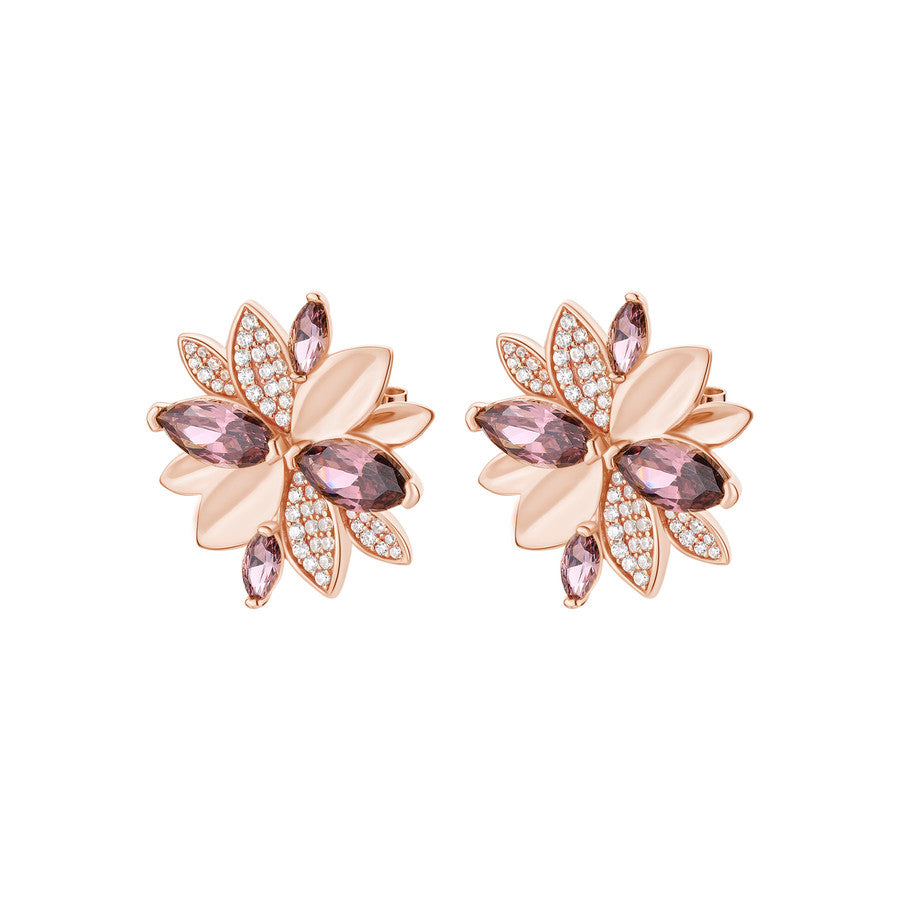 Orecchini fiore GAIA argento 925/1000, galvanica oro rosa, cz bianchi e rodolite