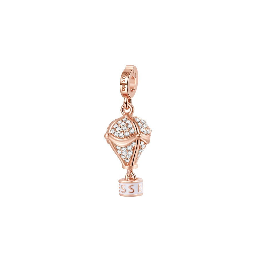 Charm STORIE in argento 925/1000, galvanica oro rosa a forma di mongolfiera, smalto bianco, 97 zirconi bianchi