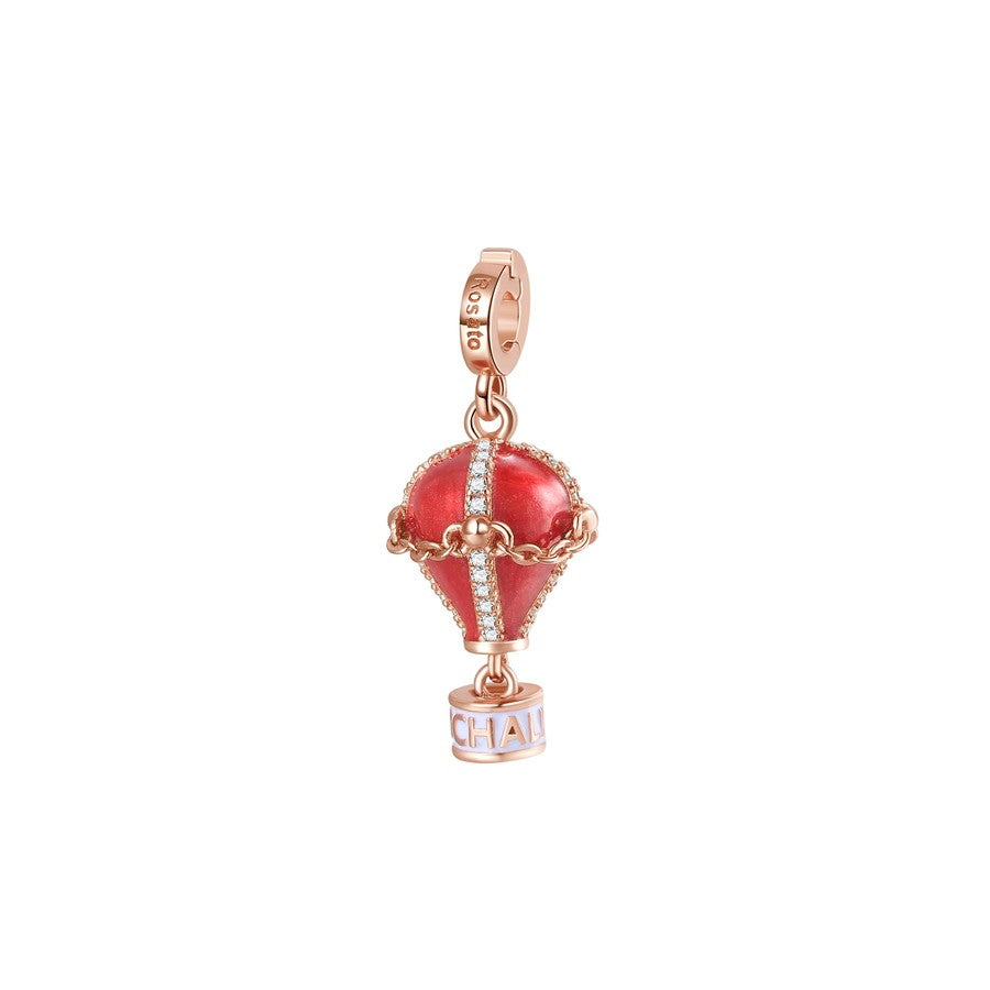 Charm STORIE in argento 925/1000, galvanica oro rosa a forma di mongolfiera, smalto rosso e bianco, 45 zirconi bianchi