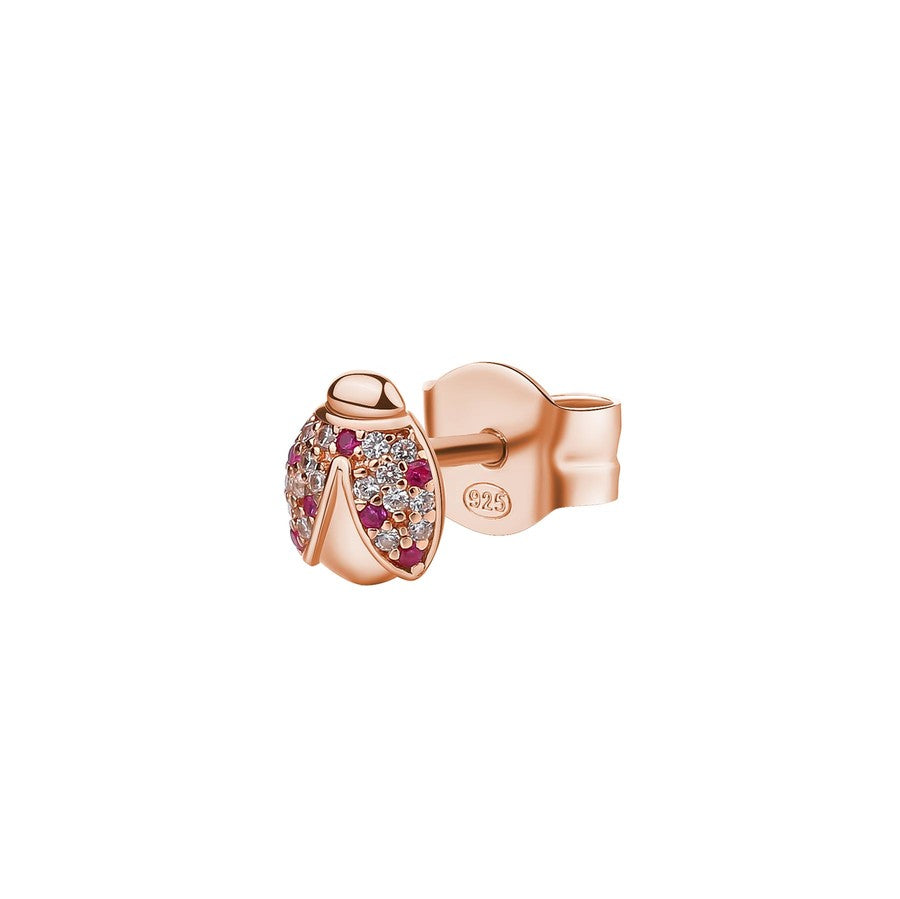 Orecchino ALLEGRA argento 925/1000 galvanica oro rosa, a forma di coccinella, 7 zirconi rossi, 16 zirconi bianchi