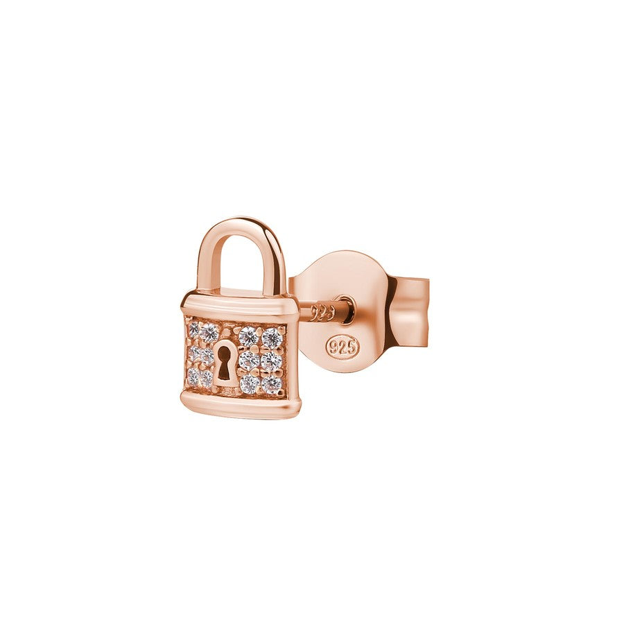 Orecchino ALLEGRA argento 925/1000 galvanica oro rosa, a forma di lucchetto, 12 zirconi bianchi