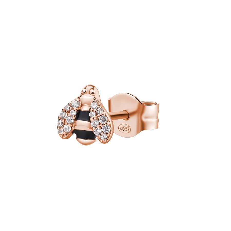 Orecchino ALLEGRA argento 925/1000 galvanica oro rosa a forma di ape, 16 zirconi bianchi, smalto nero